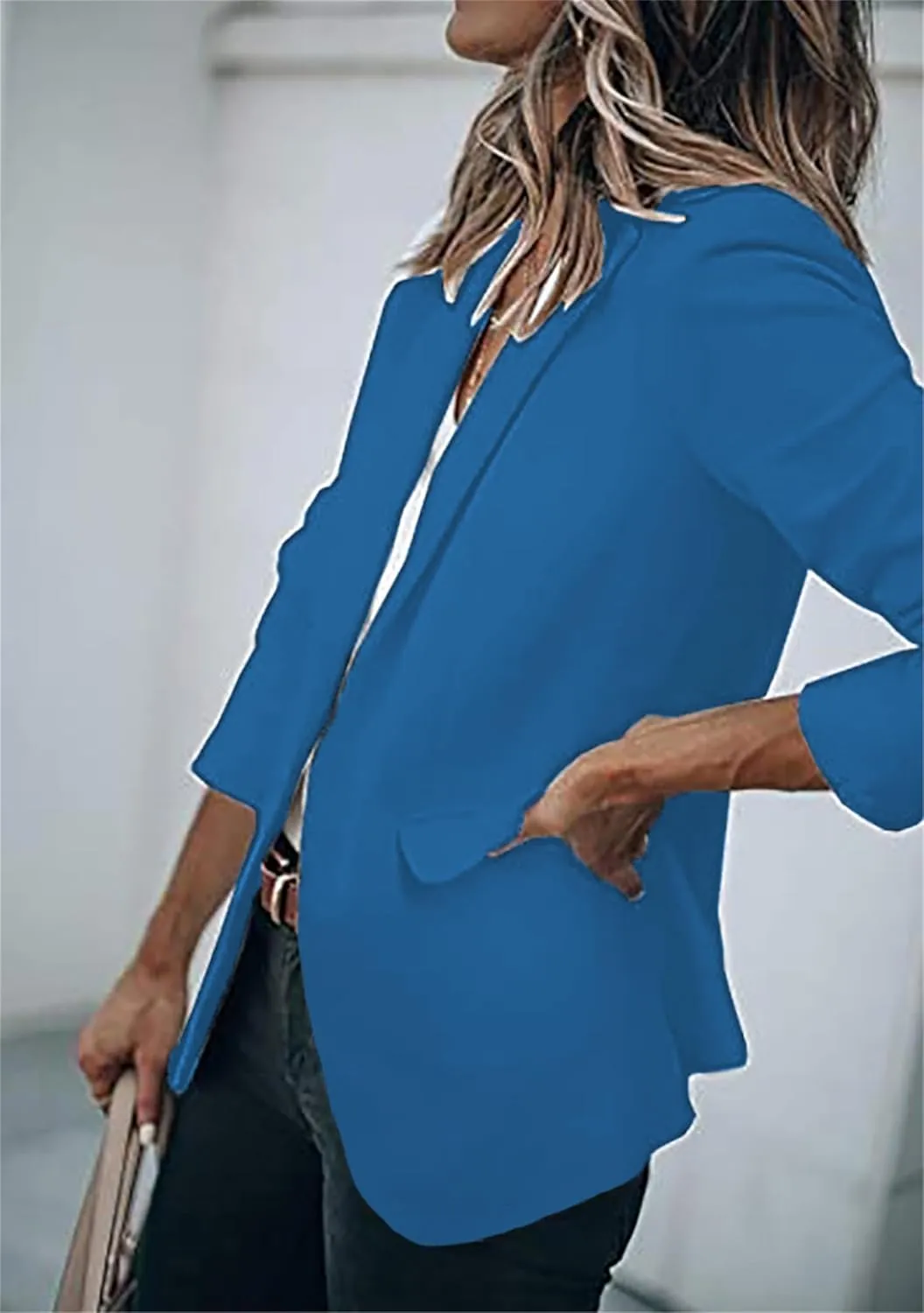 DIACACY Women's Lapel Open Front Work Blazer One Button Long Sleeve Jackets Office Solid Color Cardigan with Pockets
