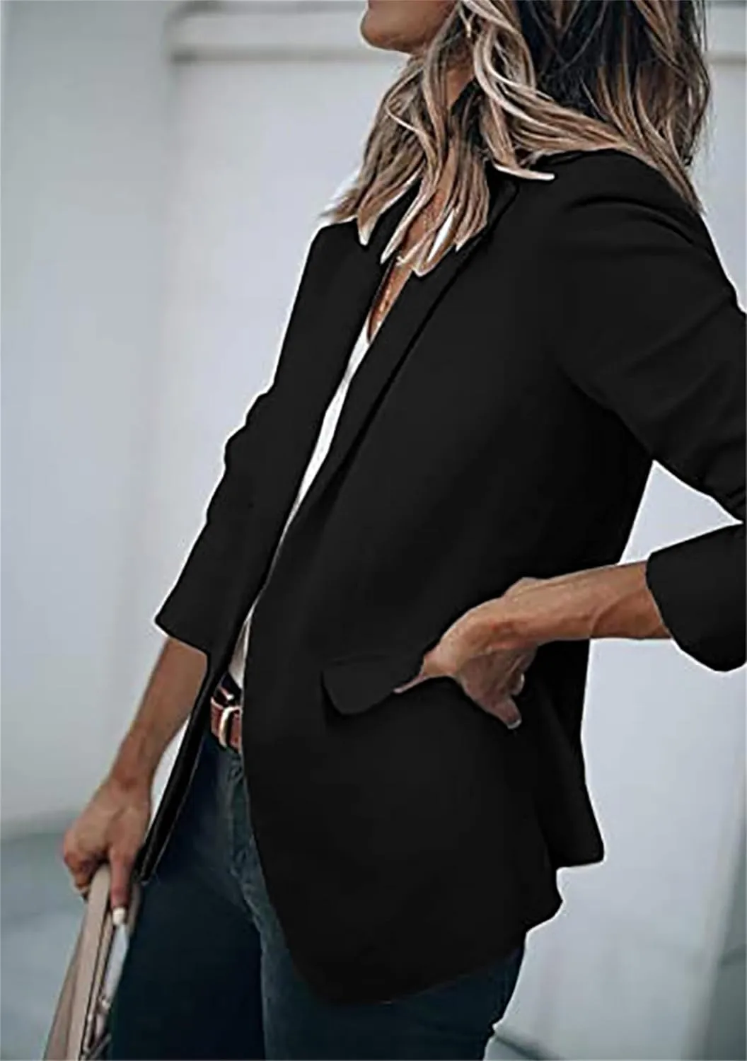 DIACACY Women's Lapel Open Front Work Blazer One Button Long Sleeve Jackets Office Solid Color Cardigan with Pockets