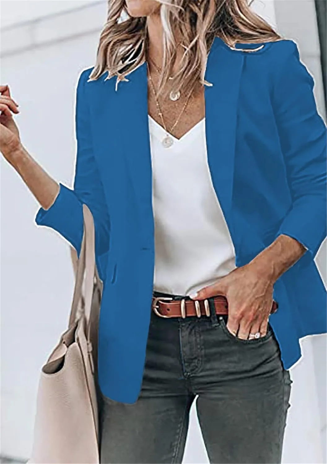 DIACACY Women's Lapel Open Front Work Blazer One Button Long Sleeve Jackets Office Solid Color Cardigan with Pockets