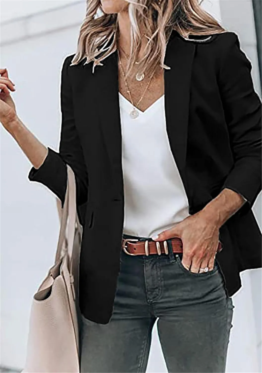 DIACACY Women's Lapel Open Front Work Blazer One Button Long Sleeve Jackets Office Solid Color Cardigan with Pockets