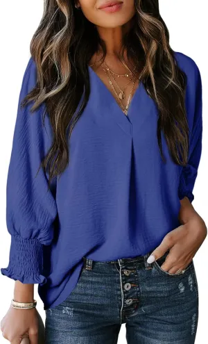 Dokotoo Women Blouses Dressy Casual V Neck 3/4 Length Sleeve Womens Tops with Smocked Cuffs