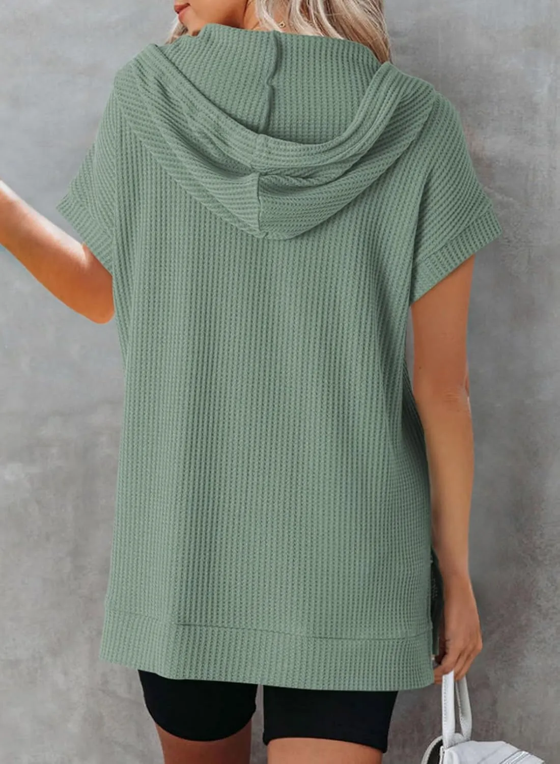 Dokotoo Womens Summer Oversized Shirts 2025 Short Sleeve Drawstring Hoodies Waffle Knit Side Slit Tunic Tops with Pocket