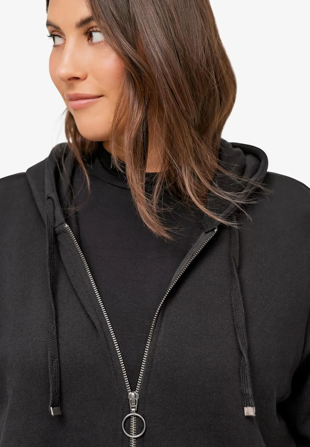 ellos Women's Plus Size Zip-Front Hoodie With Zip Pockets French Terry Long Oversized Jacket