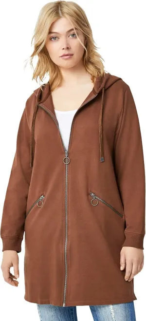 ellos Women's Plus Size Zip-Front Hoodie With Zip Pockets French Terry Long Oversized Jacket