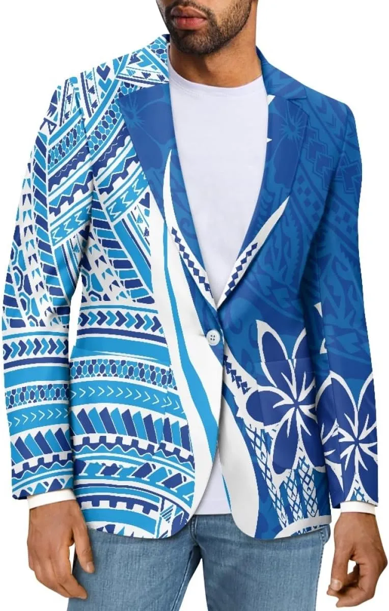 ENLACHIC Men's Casual Blazer Jackets Polynesian Floral Printed Long Sleeve Lapel One Button Business Suit Jacket