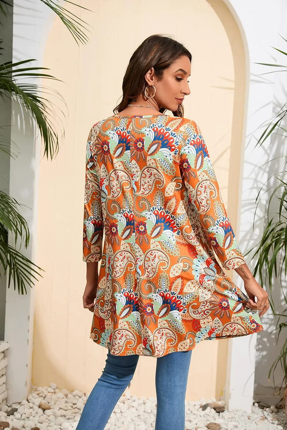 ENMAIN Tunic Tops for Women 3/4 Sleeve Plus Size Women's Tunics Loose Fit Floral Swing Flare Ladies Blouse for Leggings