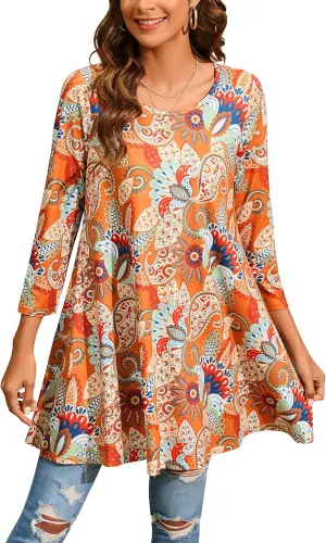 ENMAIN Tunic Tops for Women 3/4 Sleeve Plus Size Women's Tunics Loose Fit Floral Swing Flare Ladies Blouse for Leggings