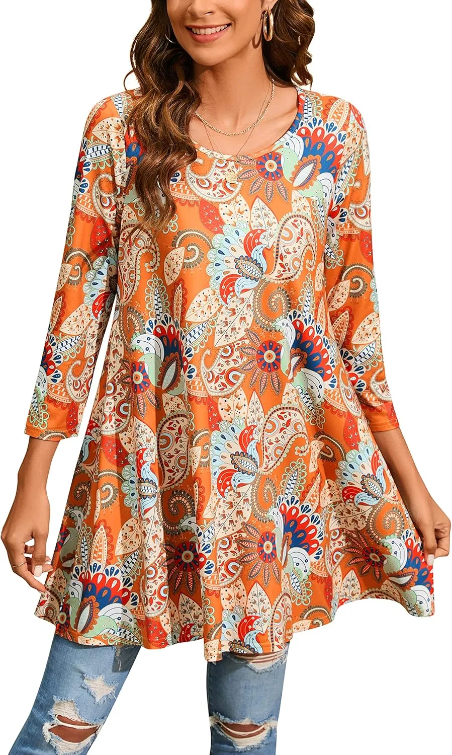 ENMAIN Tunic Tops for Women 3/4 Sleeve Plus Size Women's Tunics Loose Fit Floral Swing Flare Ladies Blouse for Leggings