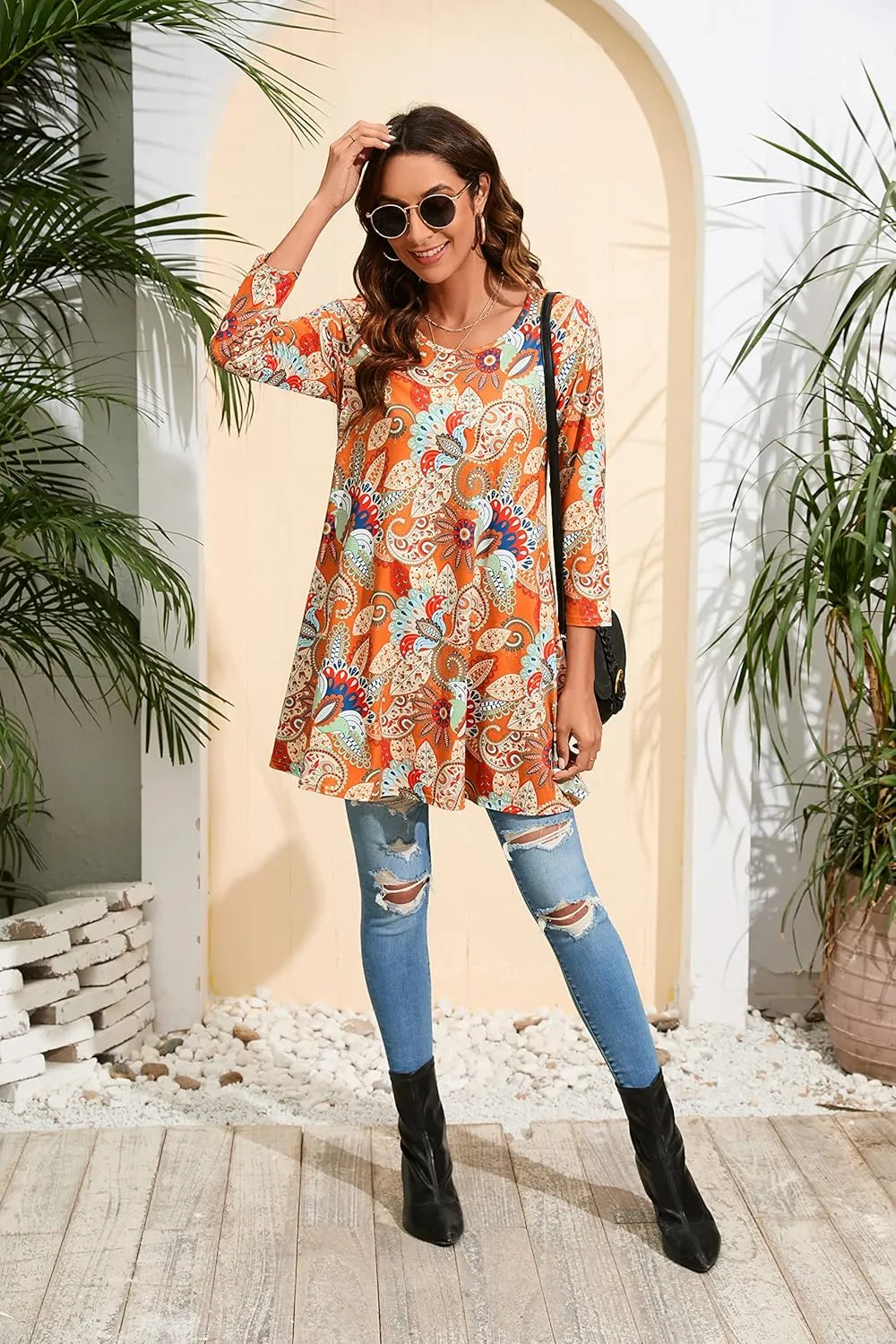 ENMAIN Tunic Tops for Women 3/4 Sleeve Plus Size Women's Tunics Loose Fit Floral Swing Flare Ladies Blouse for Leggings
