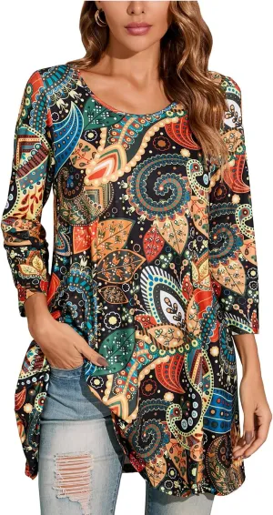 ENMAIN Womens Tunic Tops 3/4 Sleeve Plus Size Loose Fit Tunics Dressy Casual Paisley Floral Swing Flare Top for Leggings