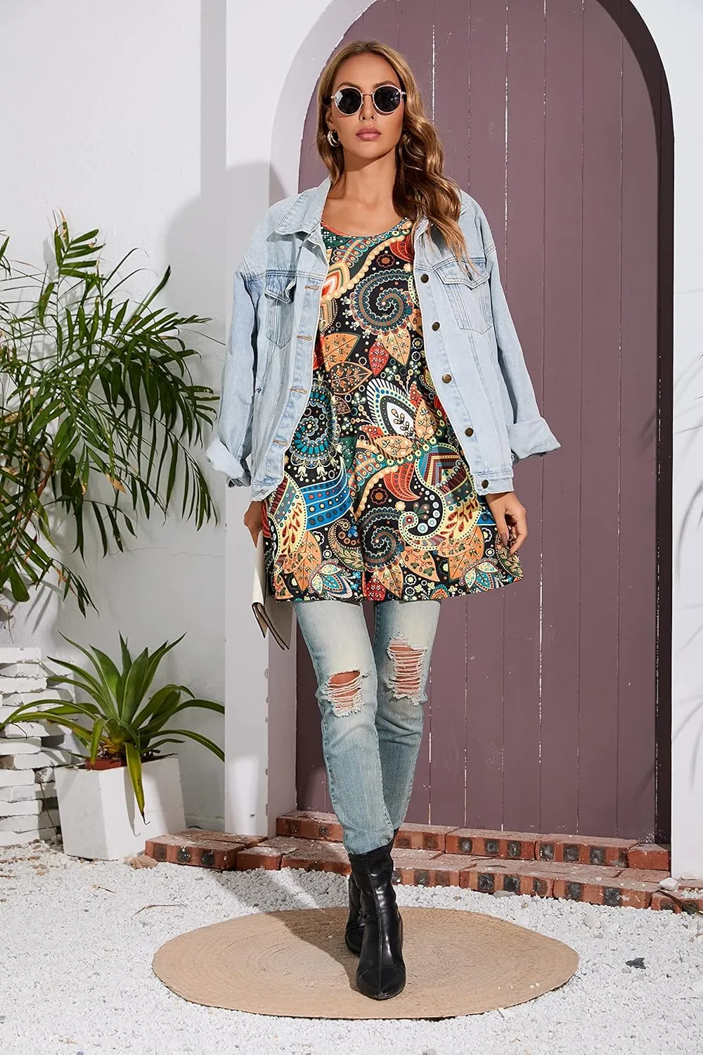 ENMAIN Womens Tunic Tops 3/4 Sleeve Plus Size Loose Fit Tunics Dressy Casual Paisley Floral Swing Flare Top for Leggings