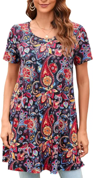 ENMAIN Womens Tunic Tops Short Sleeve Plus Size Summer Tunic Tops to Wear with Leggings Printed T-Shirt Floral Blouses