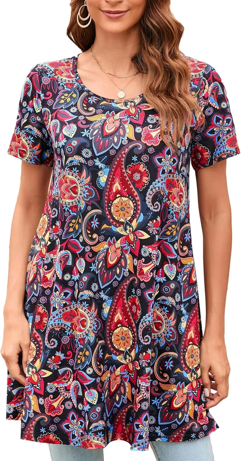 ENMAIN Womens Tunic Tops Short Sleeve Plus Size Summer Tunic Tops to Wear with Leggings Printed T-Shirt Floral Blouses