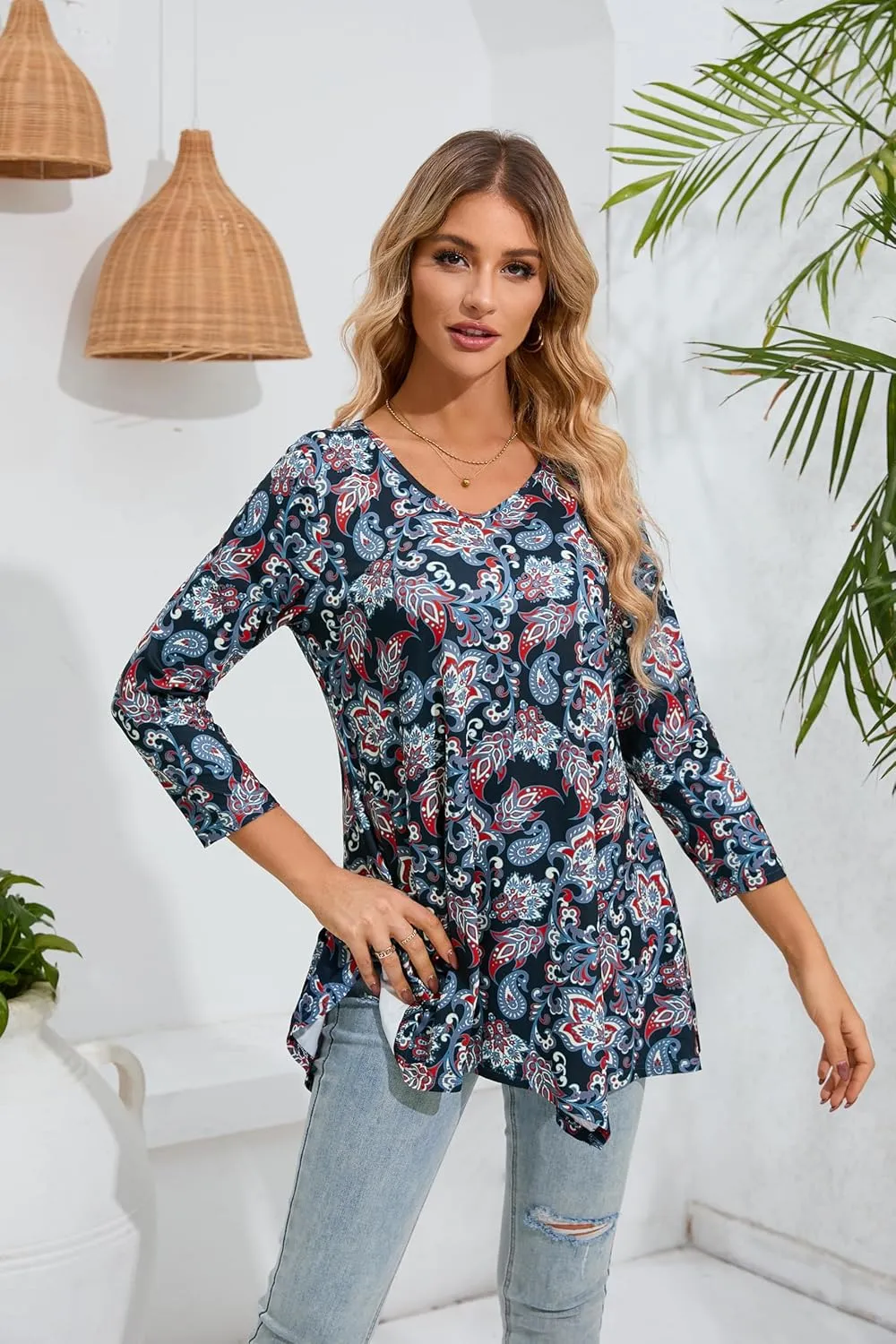 ENMAIN Womens Tunics Tops 3/4 Length Sleeve Plus Size Long Tops to Wear with Leggings Casual Loose Fit Dressy Flowy Blouses