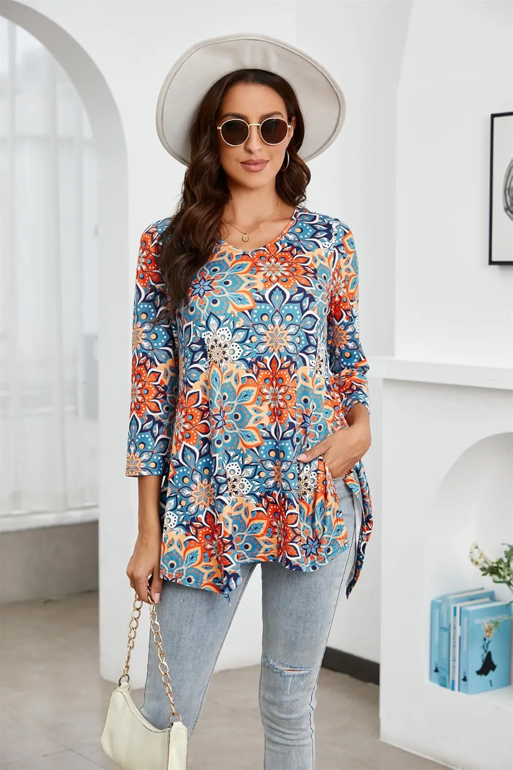 ENMAIN Womens Tunics Tops 3/4 Length Sleeve Plus Size Long Tops to Wear with Leggings Casual Loose Fit Dressy Flowy Blouses