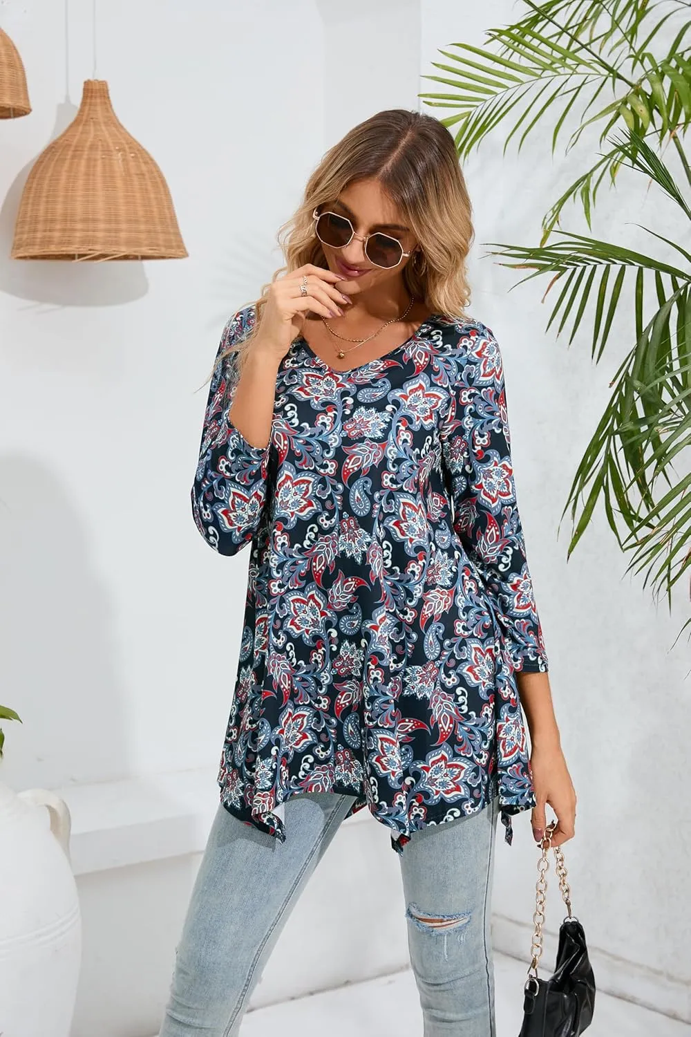 ENMAIN Womens Tunics Tops 3/4 Length Sleeve Plus Size Long Tops to Wear with Leggings Casual Loose Fit Dressy Flowy Blouses