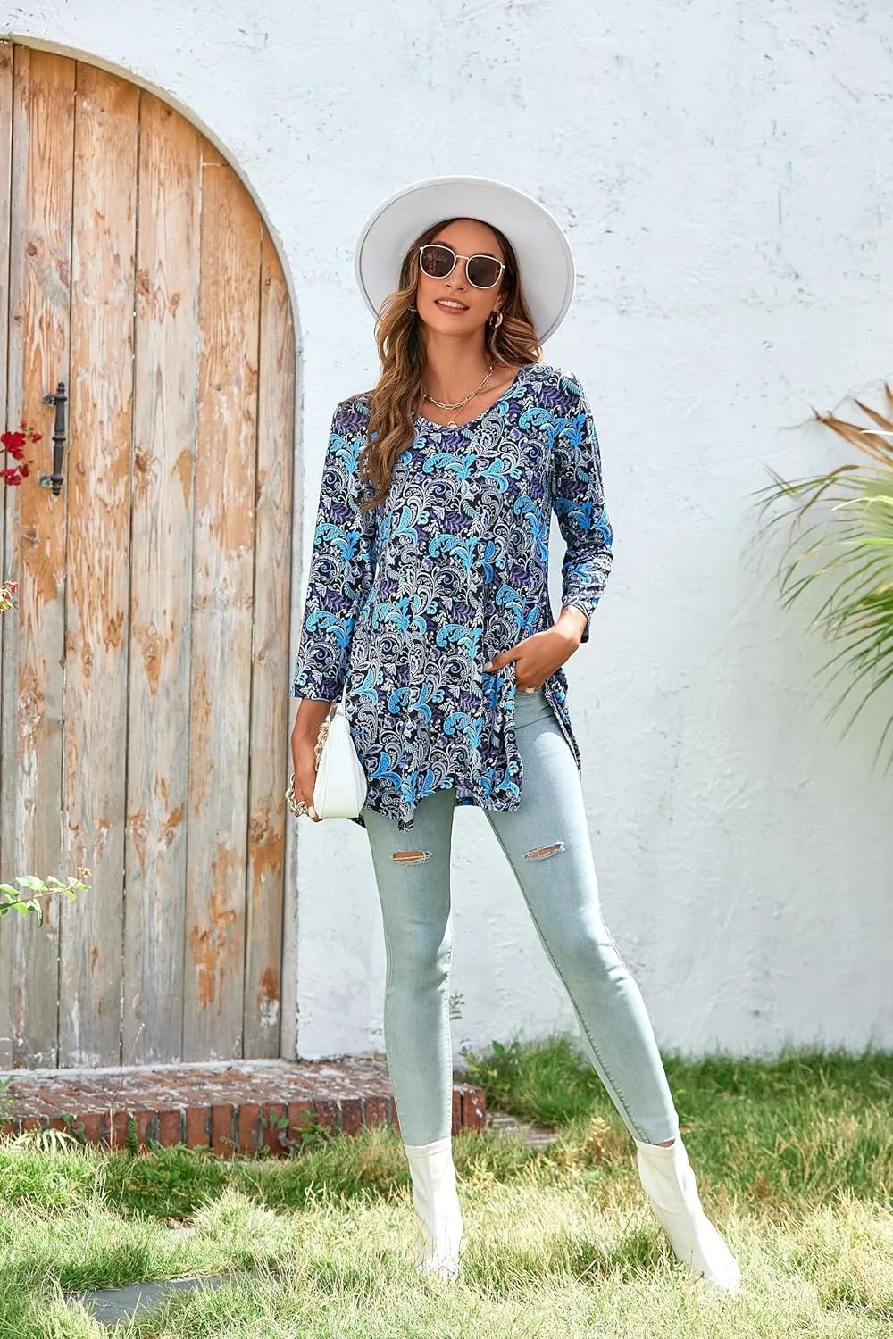 ENMAIN Womens Tunics Tops 3/4 Length Sleeve Plus Size Long Tops to Wear with Leggings Casual Loose Fit Dressy Flowy Blouses