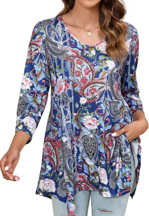 ENMAIN Womens Tunics Tops 3/4 Length Sleeve Plus Size Long Tops to Wear with Leggings Casual Loose Fit Dressy Flowy Blouses
