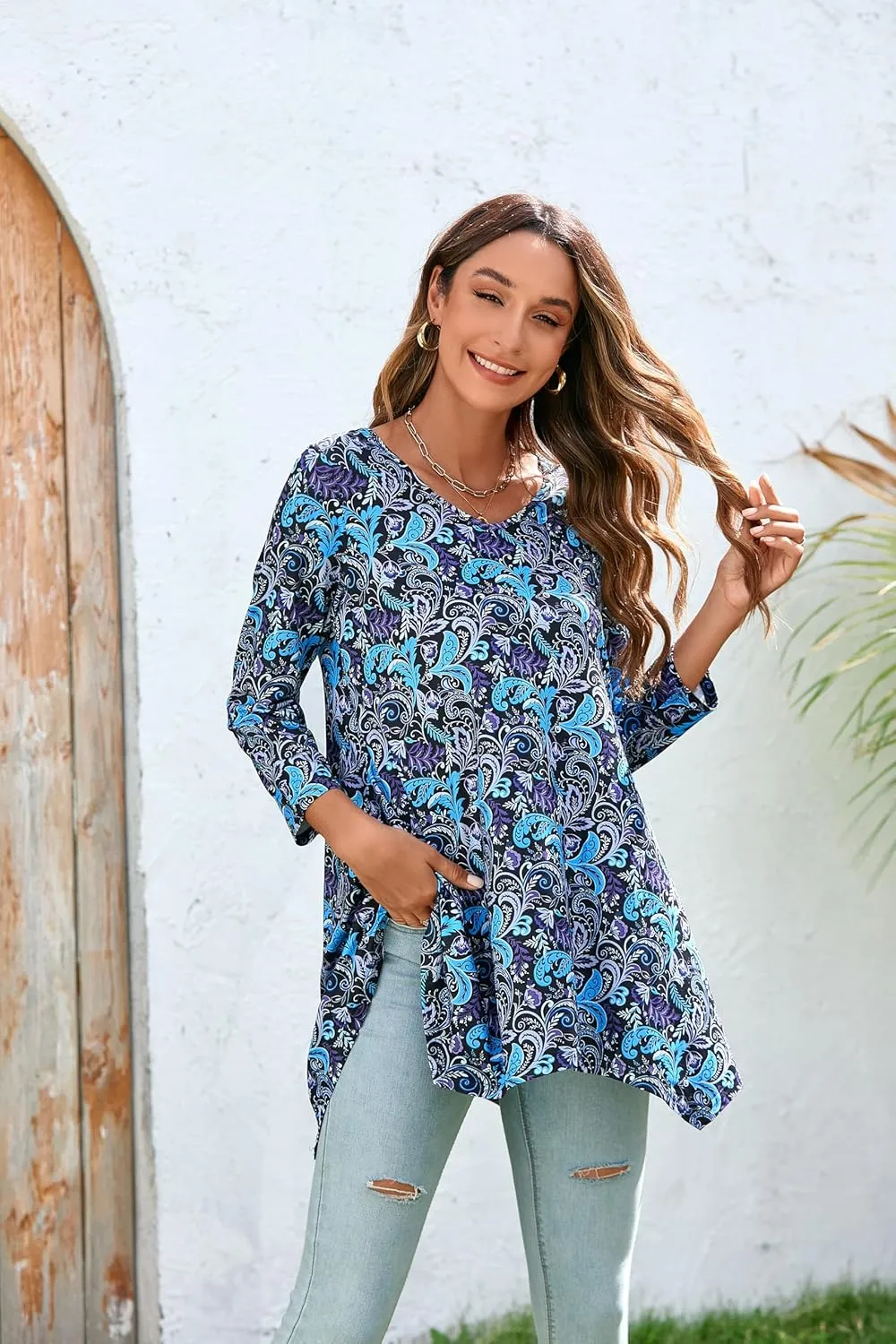 ENMAIN Womens Tunics Tops 3/4 Length Sleeve Plus Size Long Tops to Wear with Leggings Casual Loose Fit Dressy Flowy Blouses
