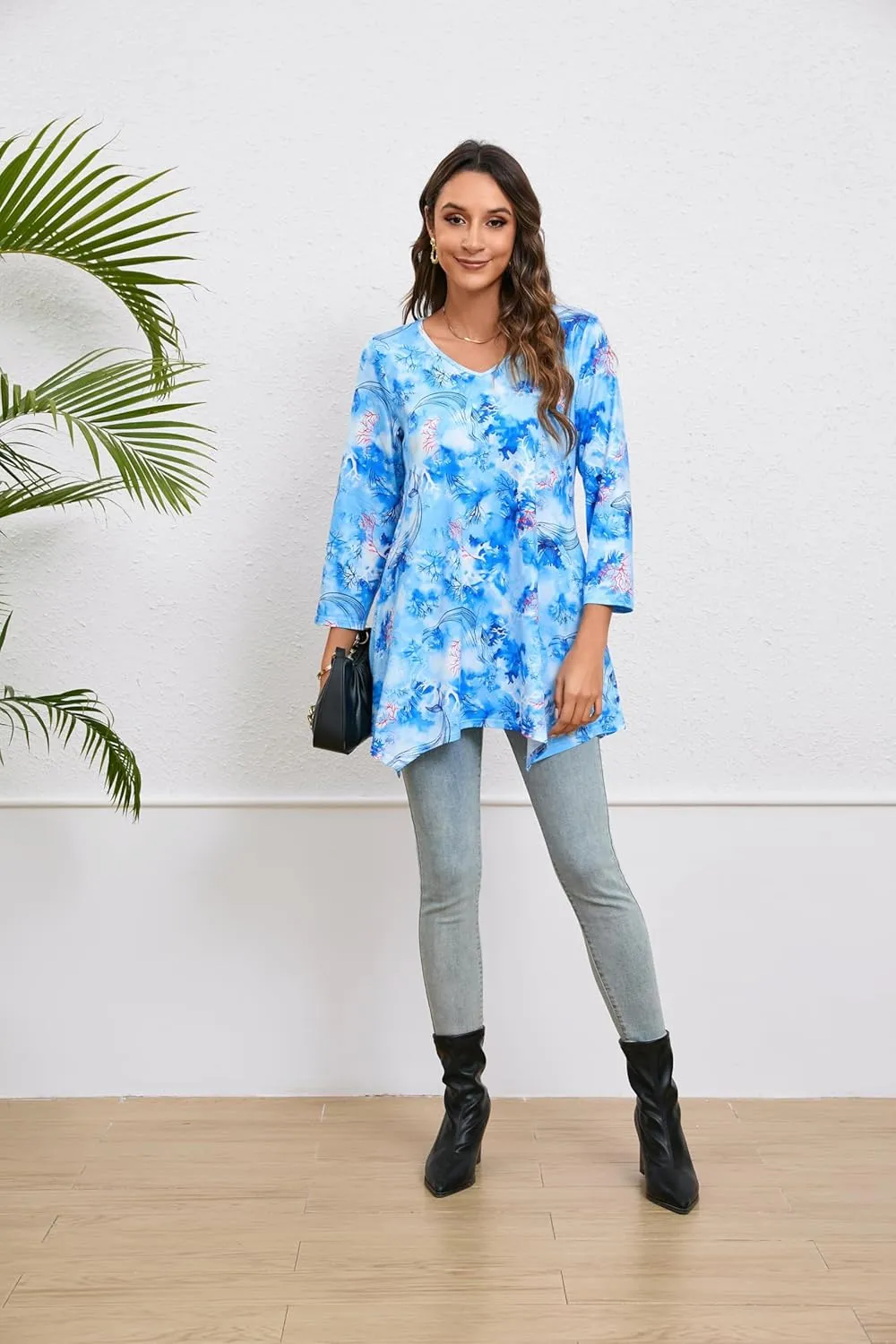 ENMAIN Womens Tunics Tops 3/4 Length Sleeve Plus Size Long Tops to Wear with Leggings Casual Loose Fit Dressy Flowy Blouses
