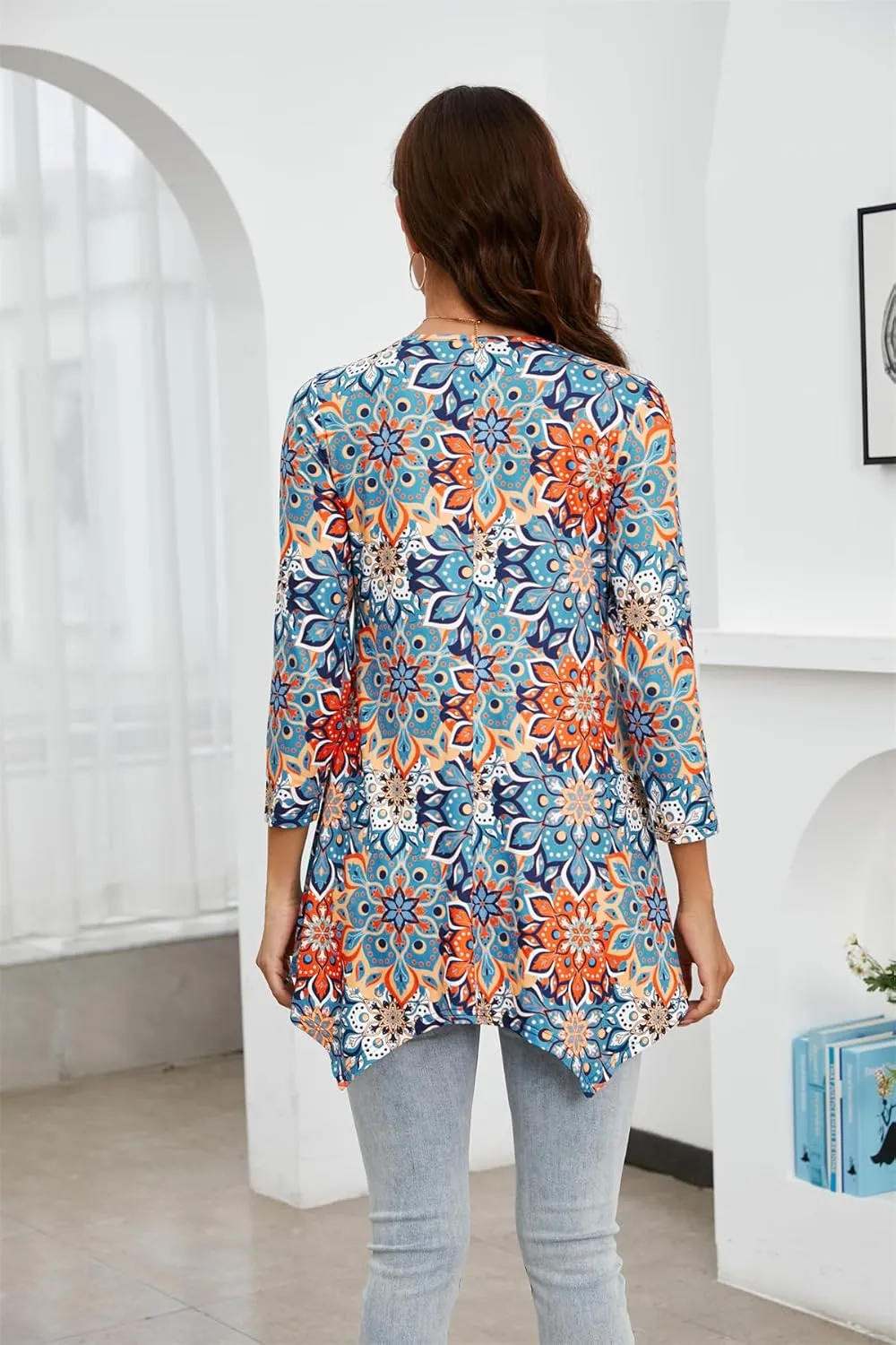 ENMAIN Womens Tunics Tops 3/4 Length Sleeve Plus Size Long Tops to Wear with Leggings Casual Loose Fit Dressy Flowy Blouses