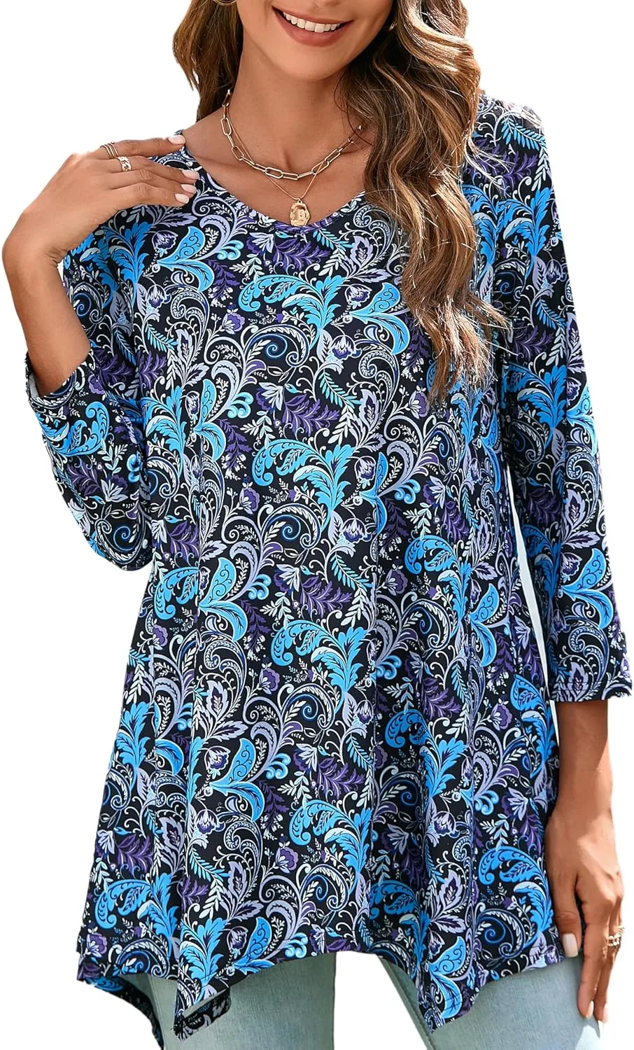 ENMAIN Womens Tunics Tops 3/4 Length Sleeve Plus Size Long Tops to Wear with Leggings Casual Loose Fit Dressy Flowy Blouses