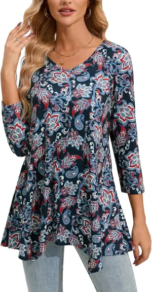 ENMAIN Womens Tunics Tops 3/4 Length Sleeve Plus Size Long Tops to Wear with Leggings Casual Loose Fit Dressy Flowy Blouses
