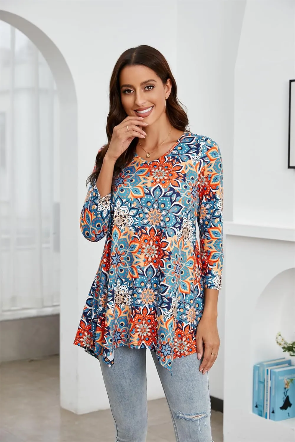 ENMAIN Womens Tunics Tops 3/4 Length Sleeve Plus Size Long Tops to Wear with Leggings Casual Loose Fit Dressy Flowy Blouses