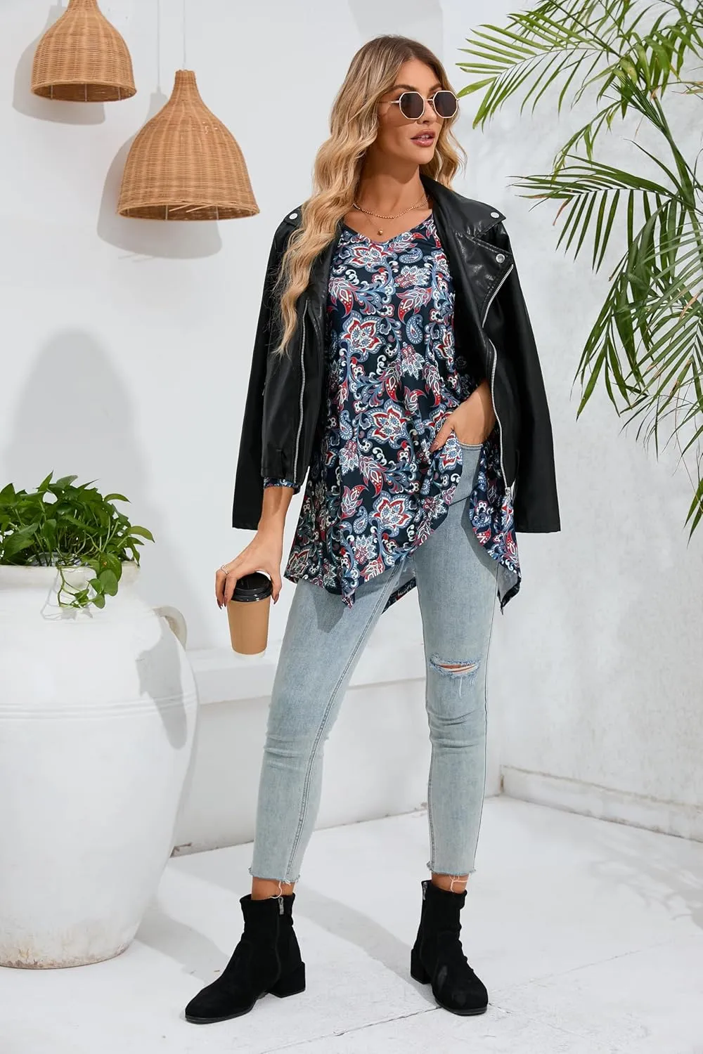 ENMAIN Womens Tunics Tops 3/4 Length Sleeve Plus Size Long Tops to Wear with Leggings Casual Loose Fit Dressy Flowy Blouses
