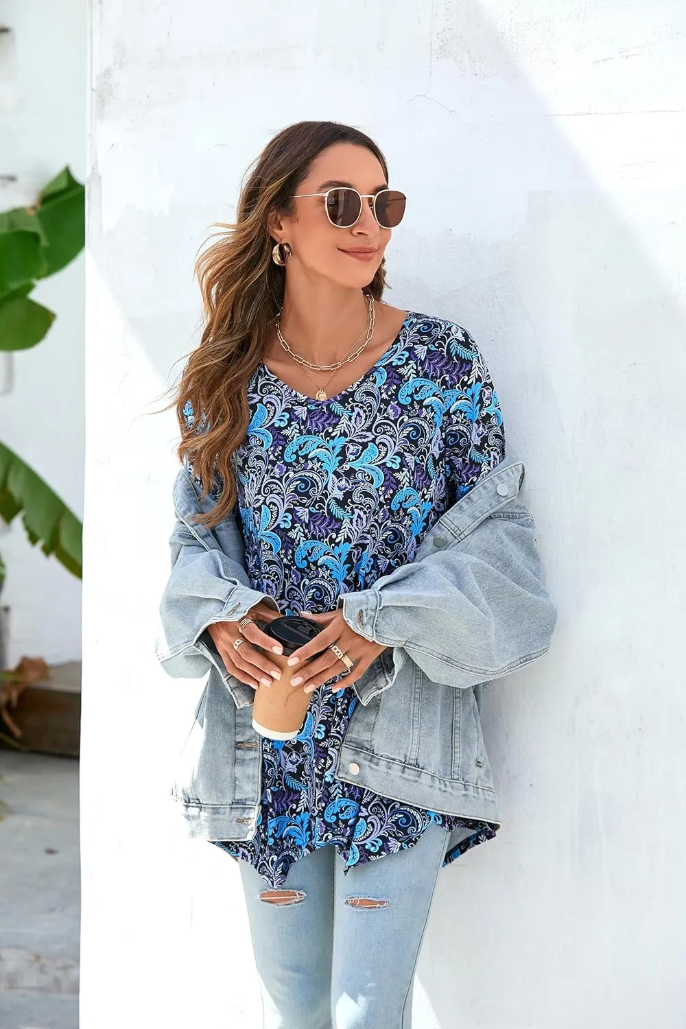 ENMAIN Womens Tunics Tops 3/4 Length Sleeve Plus Size Long Tops to Wear with Leggings Casual Loose Fit Dressy Flowy Blouses