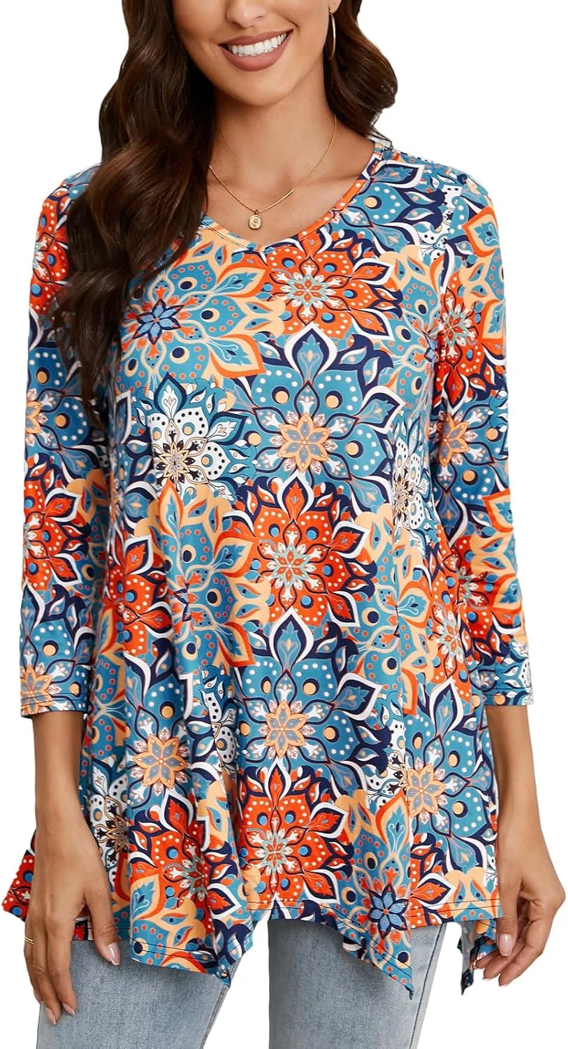 ENMAIN Womens Tunics Tops 3/4 Length Sleeve Plus Size Long Tops to Wear with Leggings Casual Loose Fit Dressy Flowy Blouses