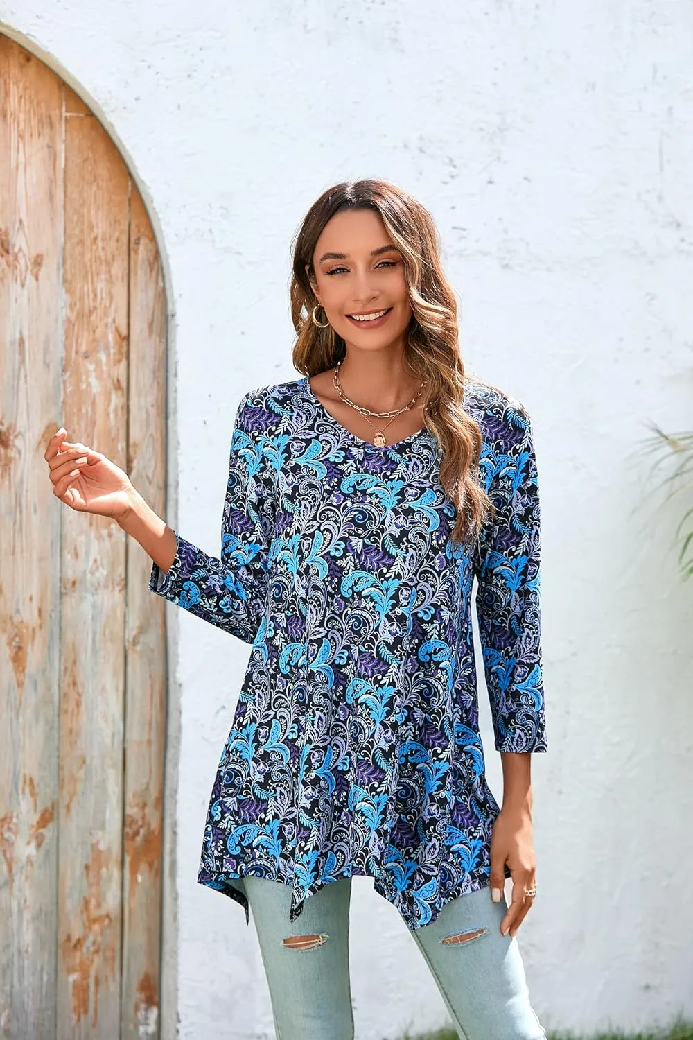 ENMAIN Womens Tunics Tops 3/4 Length Sleeve Plus Size Long Tops to Wear with Leggings Casual Loose Fit Dressy Flowy Blouses