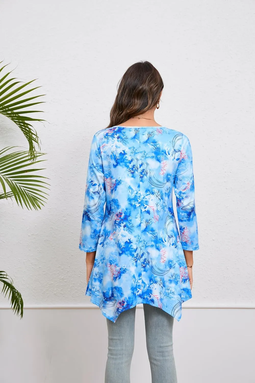 ENMAIN Womens Tunics Tops 3/4 Length Sleeve Plus Size Long Tops to Wear with Leggings Casual Loose Fit Dressy Flowy Blouses