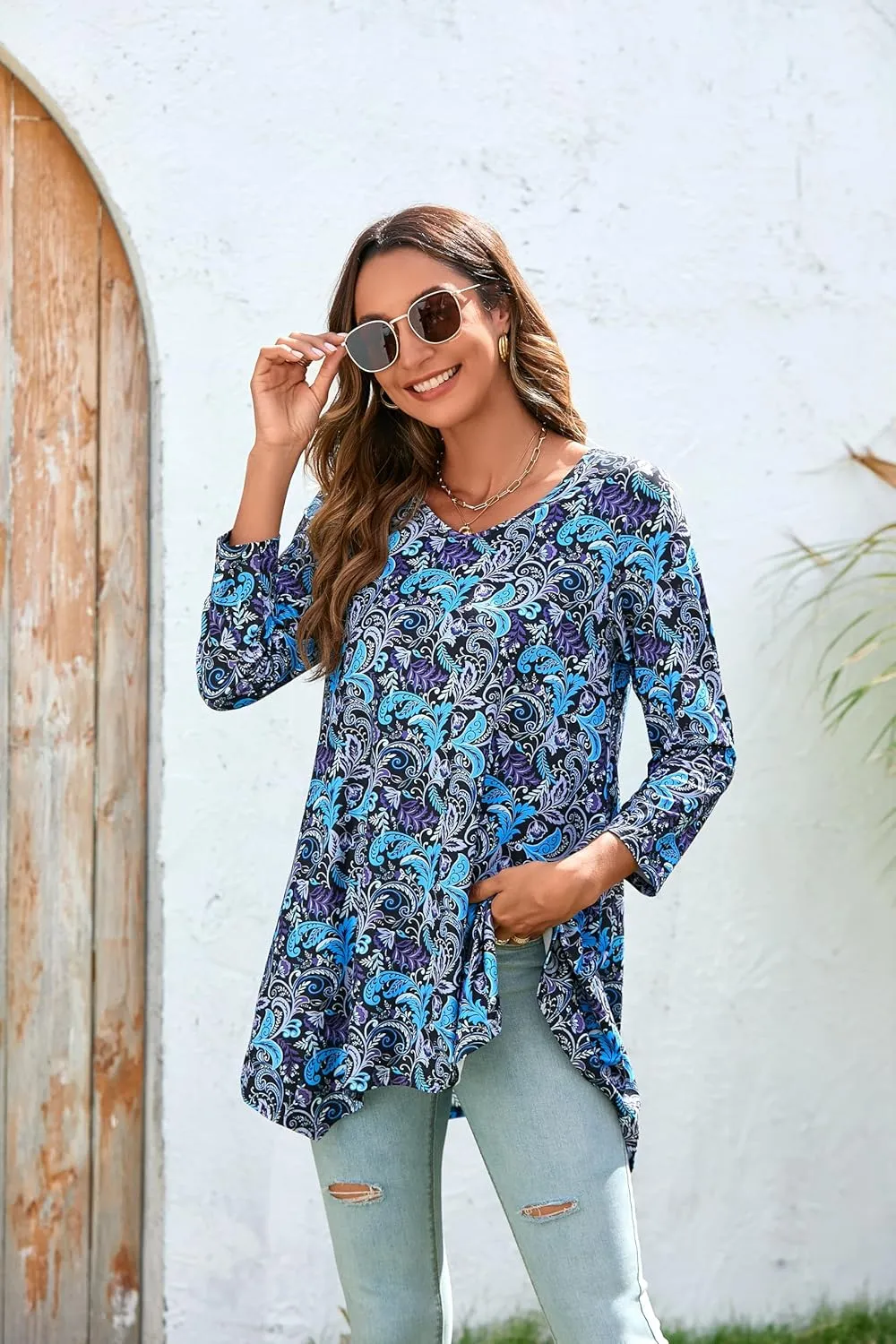 ENMAIN Womens Tunics Tops 3/4 Length Sleeve Plus Size Long Tops to Wear with Leggings Casual Loose Fit Dressy Flowy Blouses