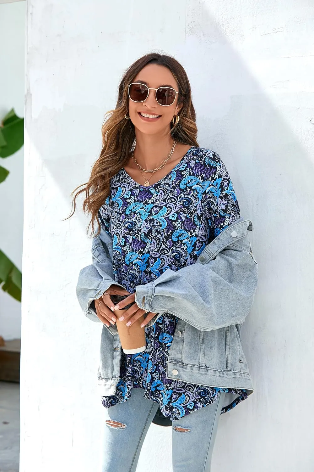 ENMAIN Womens Tunics Tops 3/4 Length Sleeve Plus Size Long Tops to Wear with Leggings Casual Loose Fit Dressy Flowy Blouses