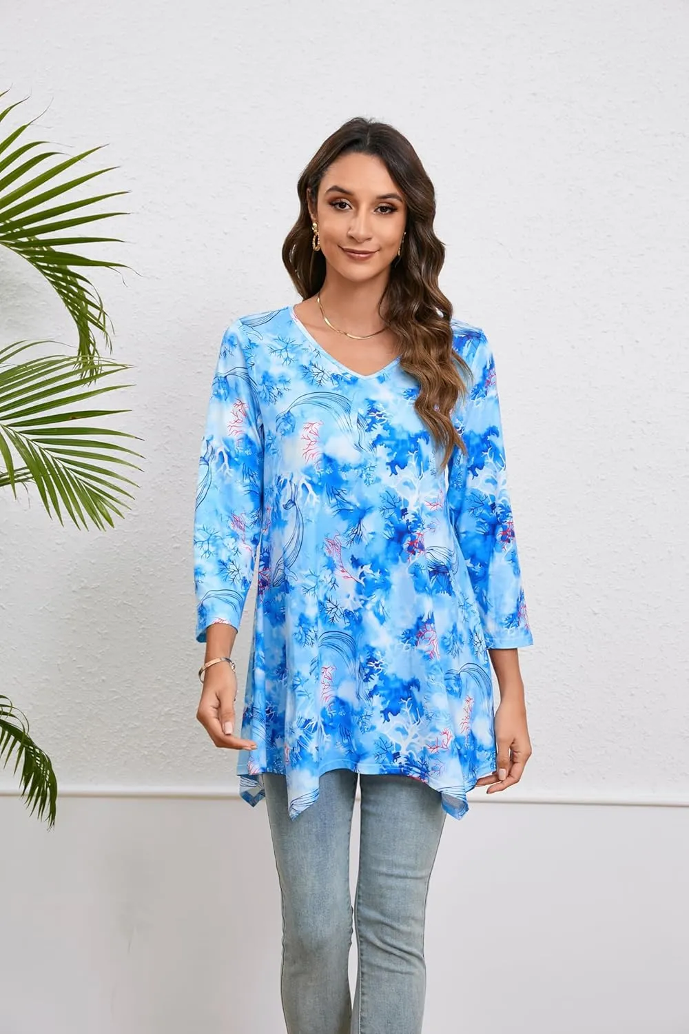 ENMAIN Womens Tunics Tops 3/4 Length Sleeve Plus Size Long Tops to Wear with Leggings Casual Loose Fit Dressy Flowy Blouses