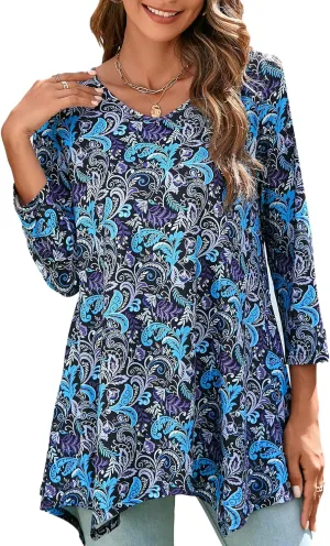 ENMAIN Womens Tunics Tops 3/4 Length Sleeve Plus Size Long Tops to Wear with Leggings Casual Loose Fit Dressy Flowy Blouses