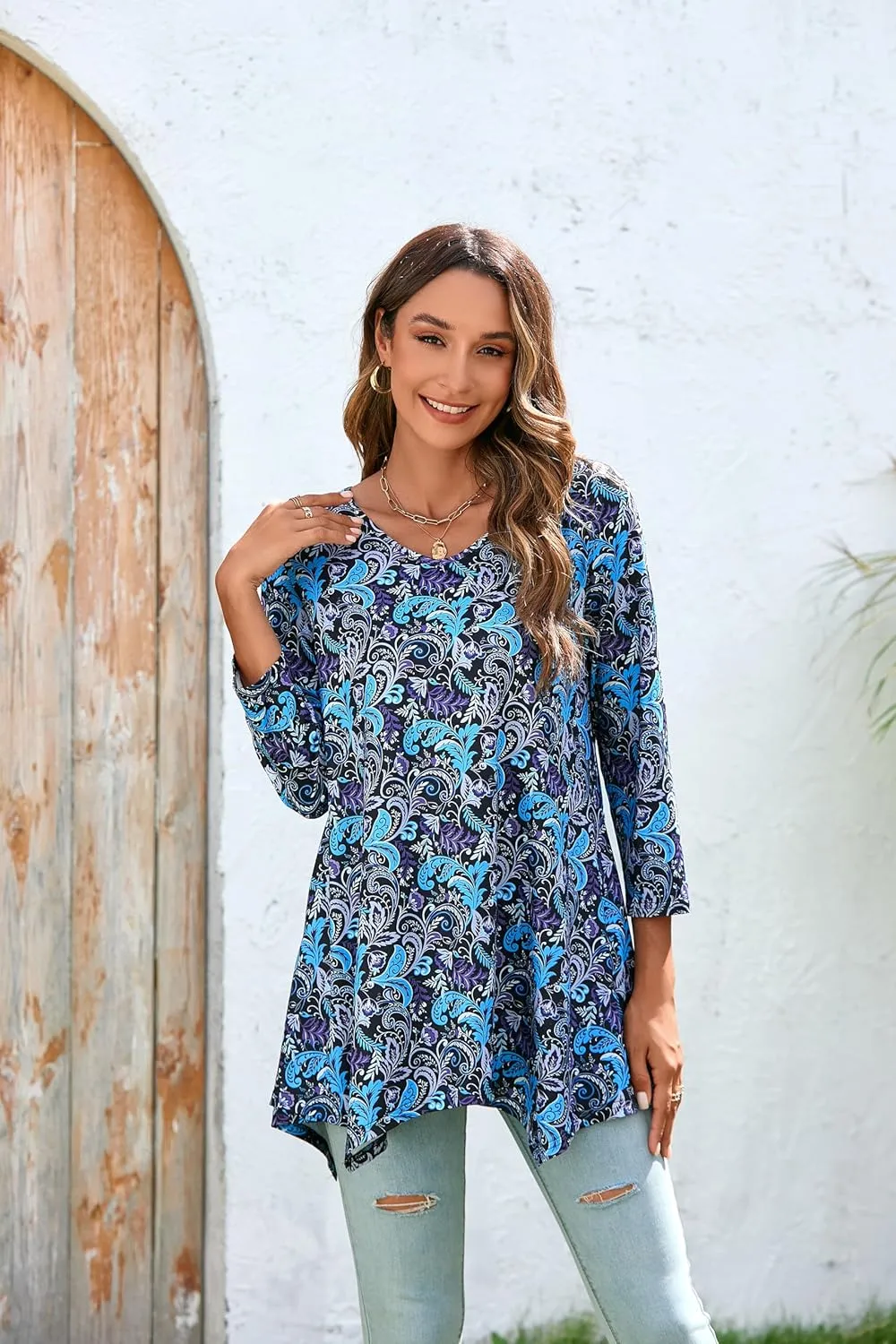 ENMAIN Womens Tunics Tops 3/4 Length Sleeve Plus Size Long Tops to Wear with Leggings Casual Loose Fit Dressy Flowy Blouses
