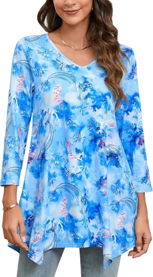 ENMAIN Womens Tunics Tops 3/4 Length Sleeve Plus Size Long Tops to Wear with Leggings Casual Loose Fit Dressy Flowy Blouses