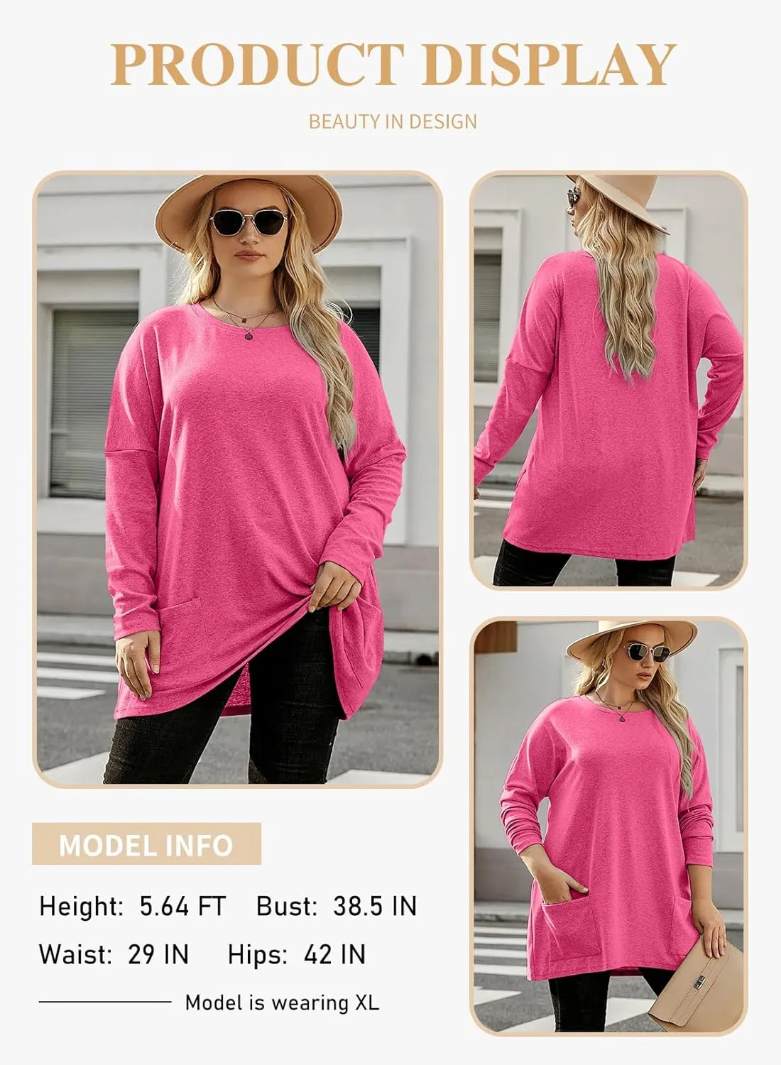 Eytino Womens Plus Size Long Sleeve Tops Crewneck Lightweight Sweatshirt Loose Casual Oversized T Shirts with Pockets(1X-5X)