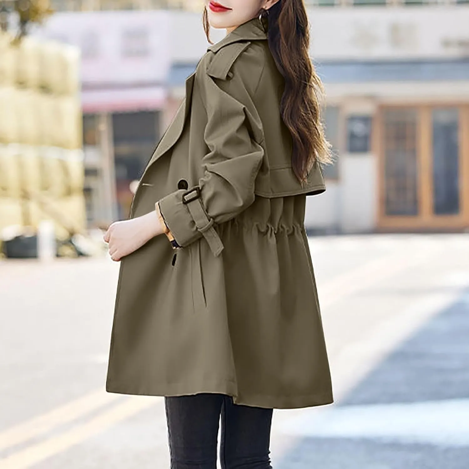 Fall Trench Coat Women Fashion Double Breasted Thin Peacoat Ladies Temperament Notched Lapel Collar Open Front Jacket