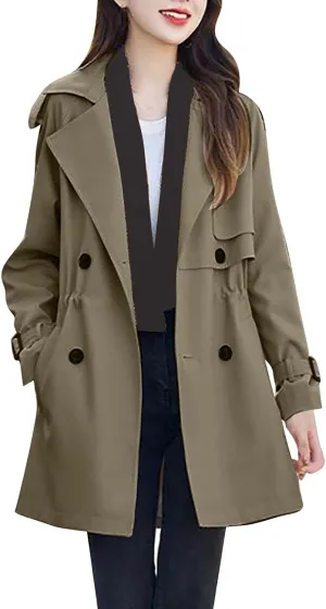 Fall Trench Coat Women Fashion Double Breasted Thin Peacoat Ladies Temperament Notched Lapel Collar Open Front Jacket