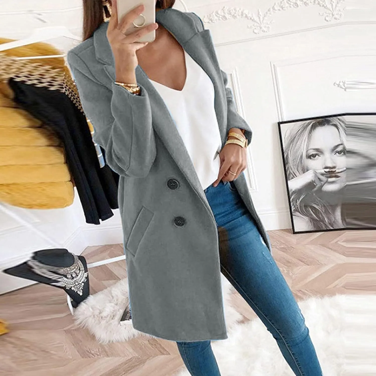 Fall Trench Coats for Women 2024 Casual Notch Lapel Single-Breasted Pea Coats Wool Blend Warm Winter Coats