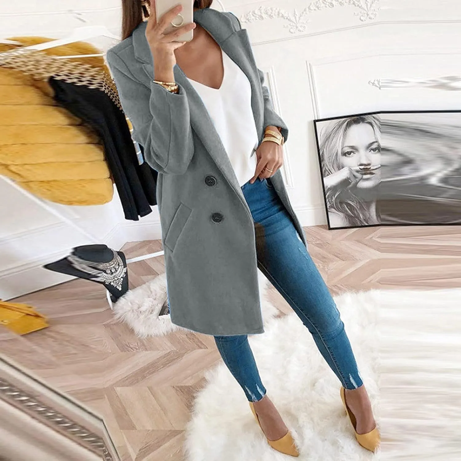 Fall Trench Coats for Women 2024 Casual Notch Lapel Single-Breasted Pea Coats Wool Blend Warm Winter Coats