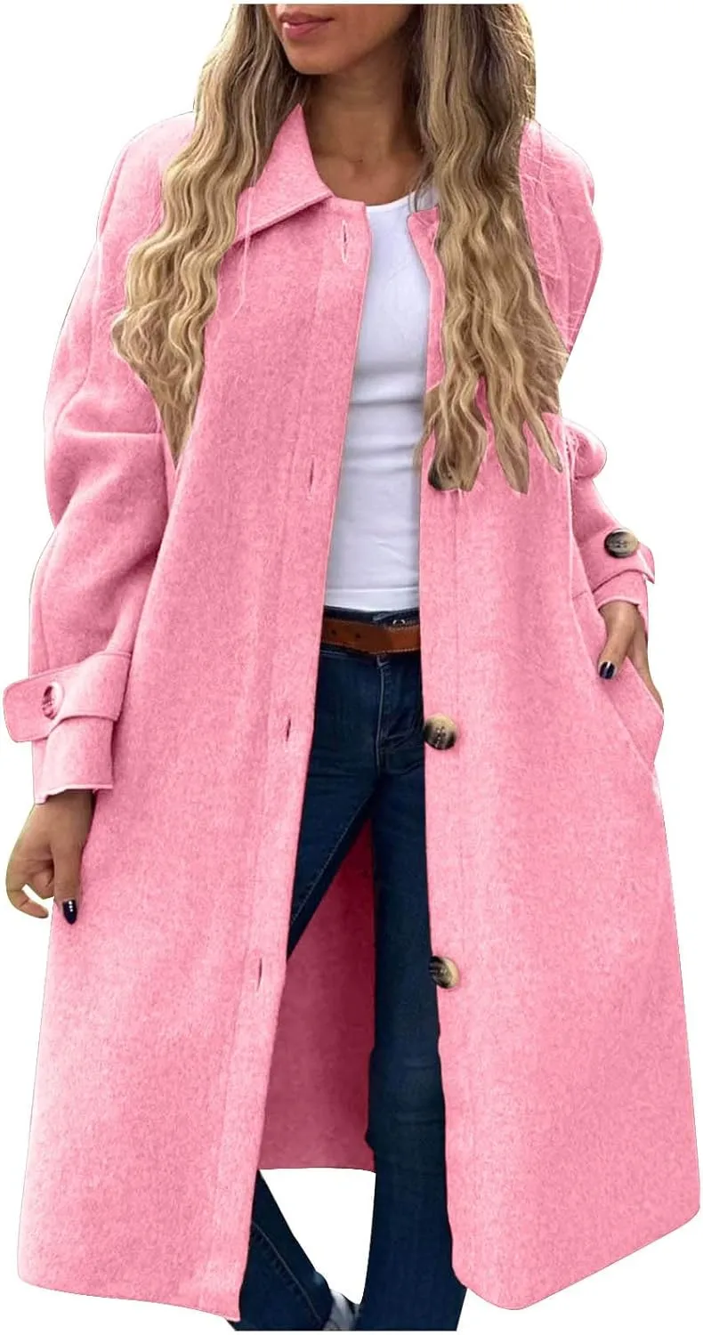 fartey Womens Trench Coat Classic Notch Lapel Winter Wool Coats Open Front Work Business Casual Jackets With Pockets