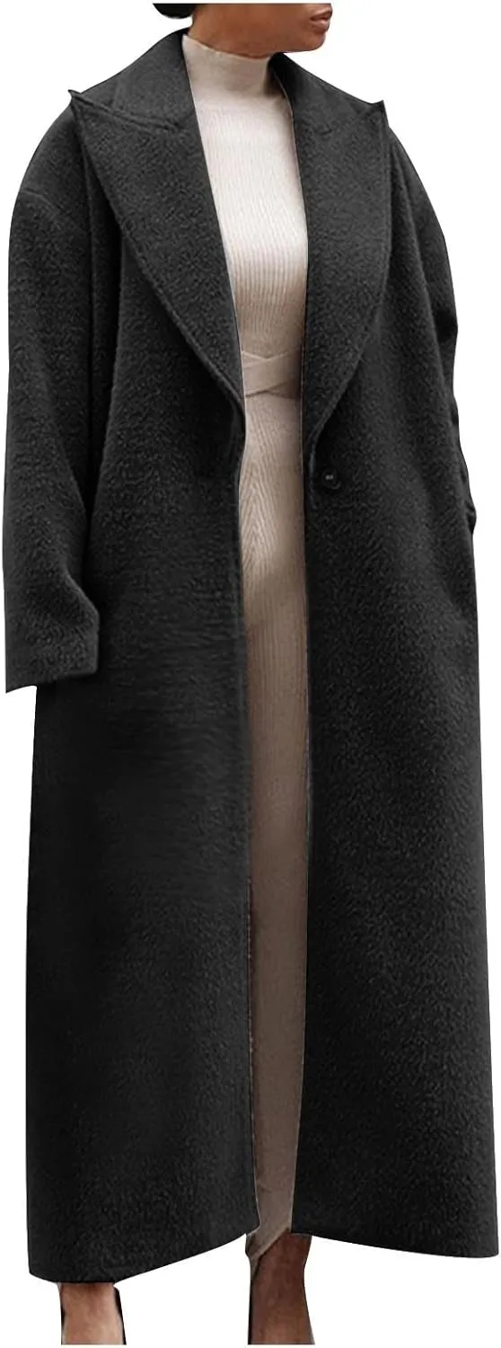fartey Womens Wool Coats Casual Oversized Long Winter Trench Coats Thicken Warm Notch Lapel Pea Coat Jackets Outwear