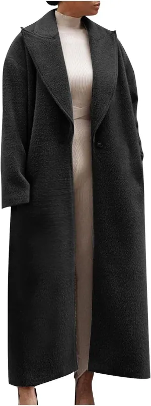 fartey Womens Wool Coats Casual Oversized Long Winter Trench Coats Thicken Warm Notch Lapel Pea Coat Jackets Outwear