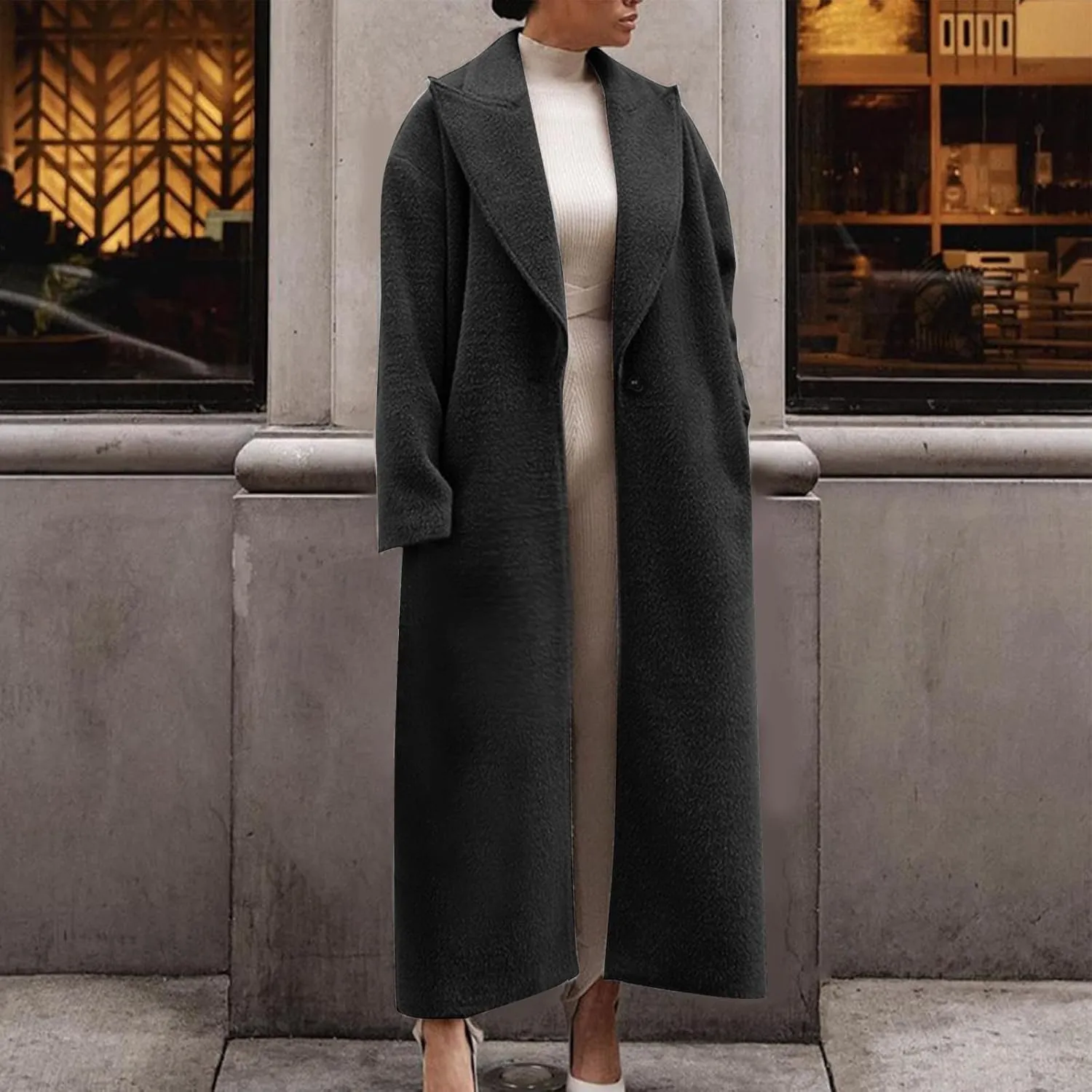 fartey Womens Wool Coats Casual Oversized Long Winter Trench Coats Thicken Warm Notch Lapel Pea Coat Jackets Outwear