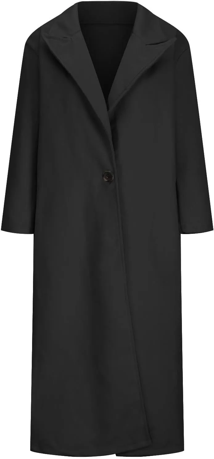 fartey Womens Wool Coats Casual Oversized Long Winter Trench Coats Thicken Warm Notch Lapel Pea Coat Jackets Outwear