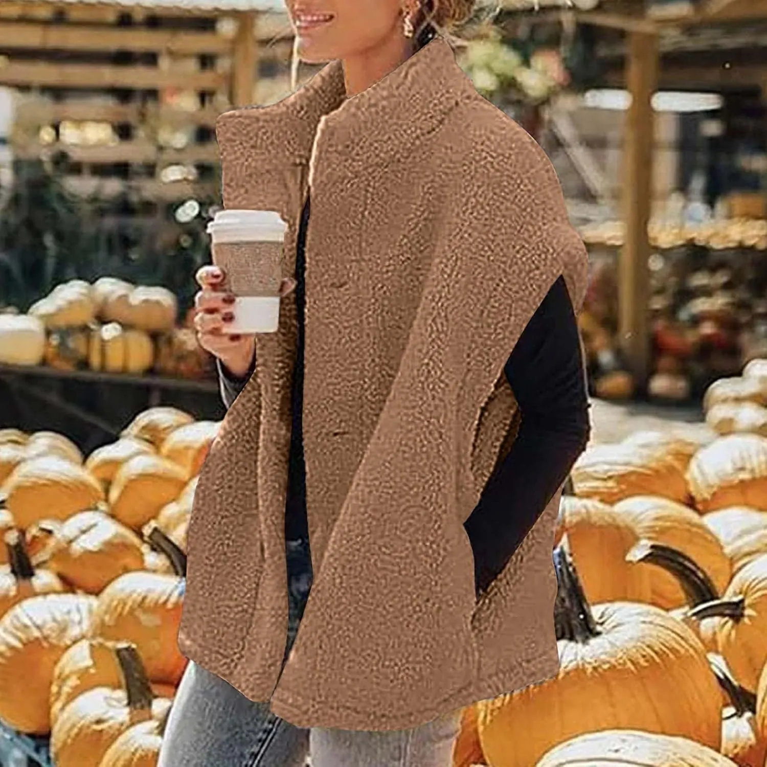 Fuzzy Fleece Vest for Women Casual Plus Size Button Down Sleeveless Jackets Loose Winter Warm Sherpa Vests Coat with Pockets